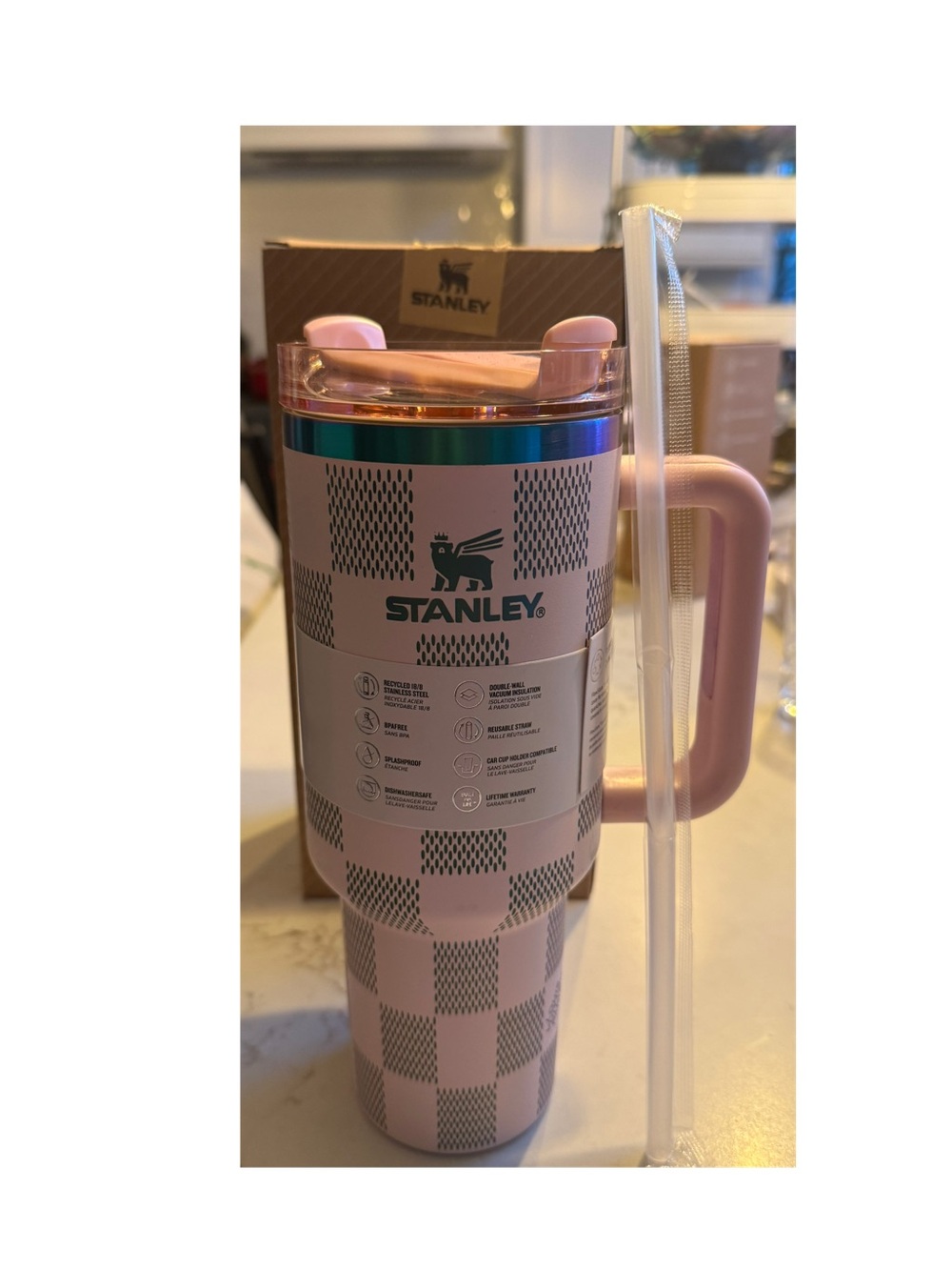 Stanley Pink Check Luxury Insulated Travel Tumbler with Handle